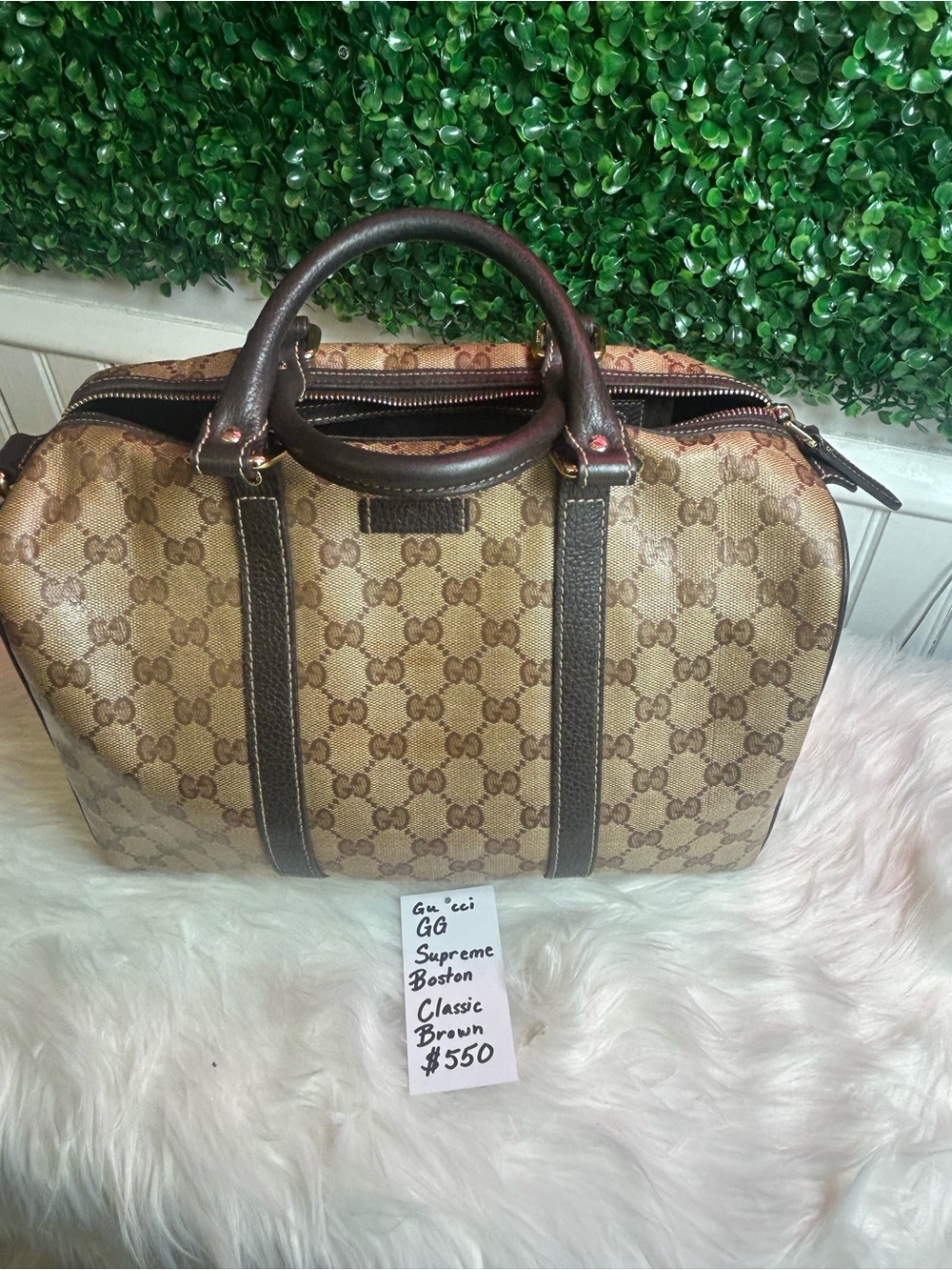 Gucci Brown GG Supreme Satchel with Dark Brown Leather Trim